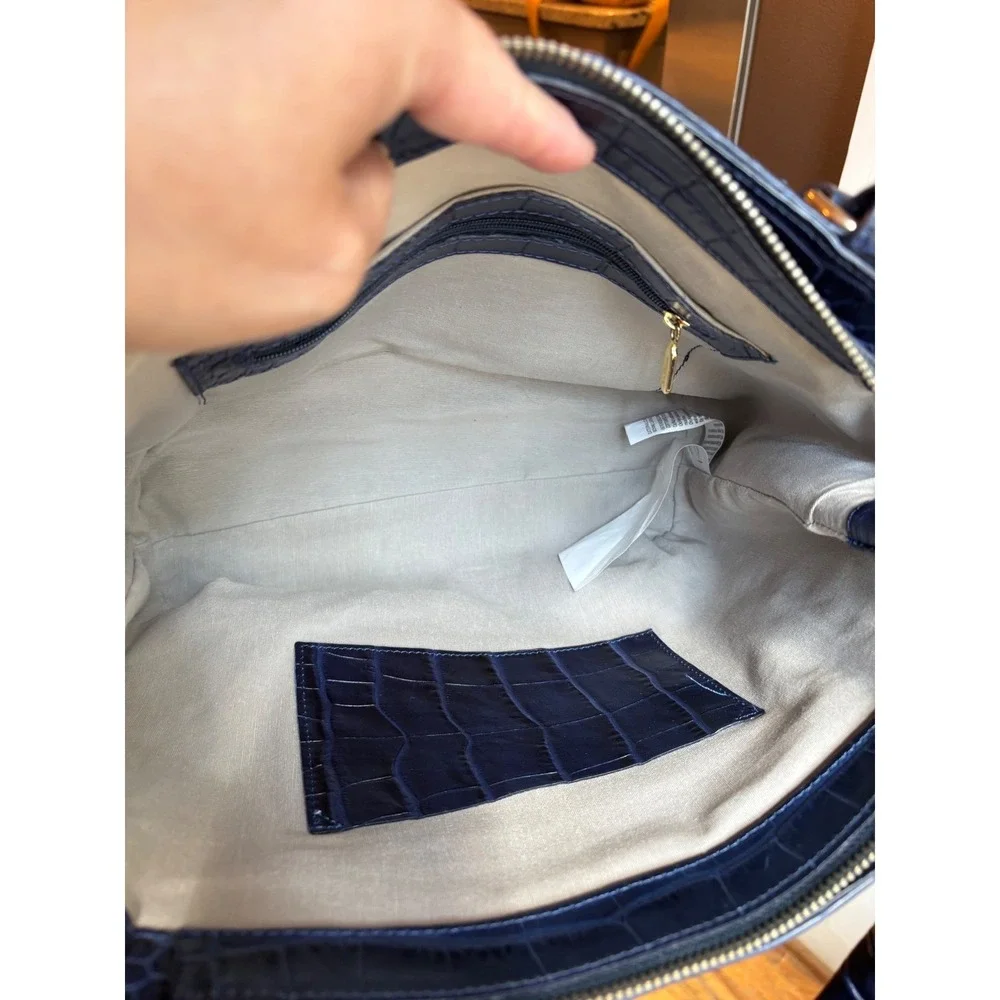 Prüne‎ Navy Blue Croc Embossed Leather Satchel Handbag Gold Hardware 9073